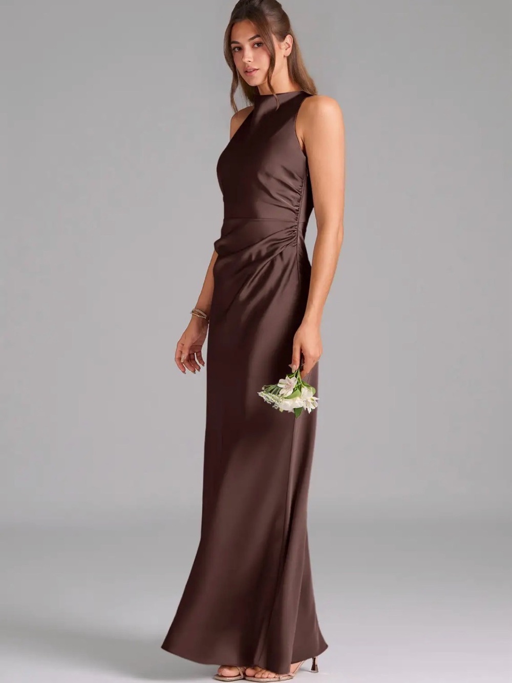 Azazie Evadne - Stretch Satin - Ganache - Size A12 NWT - Bridesmaid Dress